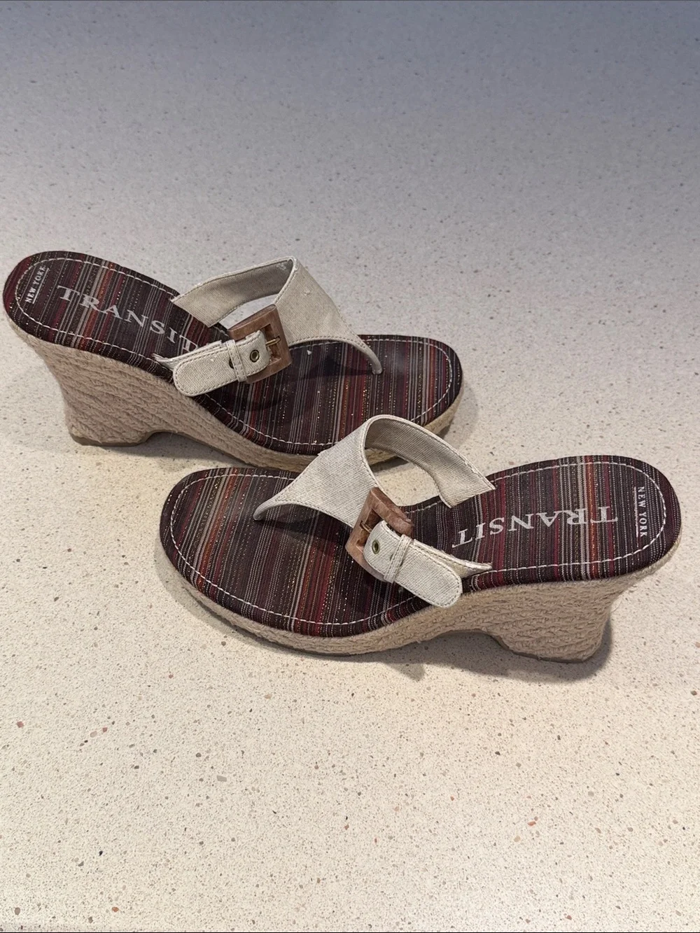New York Transit Cream Wedge Thong Sandals with Wooden Buckle
